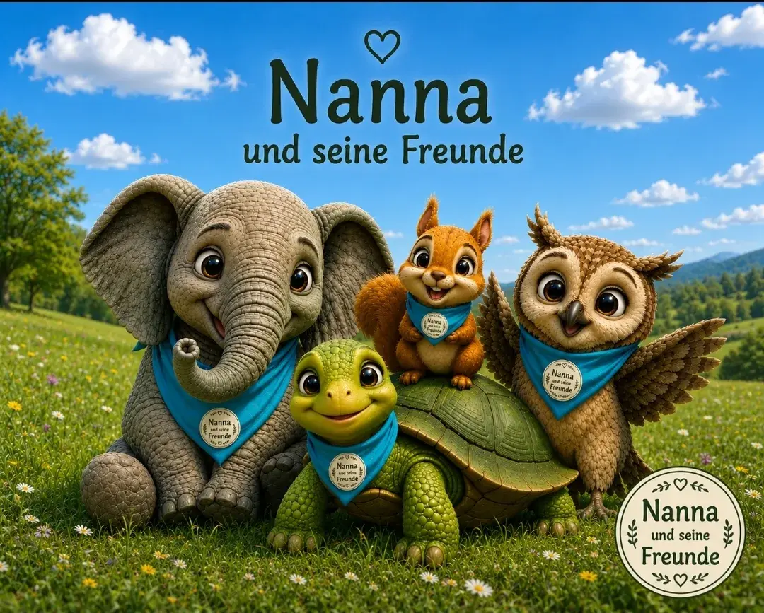 Nanna der Elefant, Huba die Schildkröte, das Eichhörnchen und die Eule auf einer Wiese
